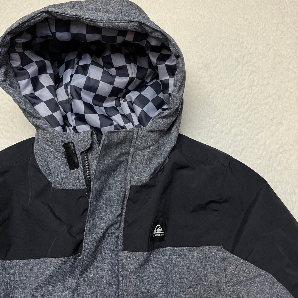Quiksilver Jacket Boys M 10/12 Gray Black Hooded Checkerboard Lining Snowboard